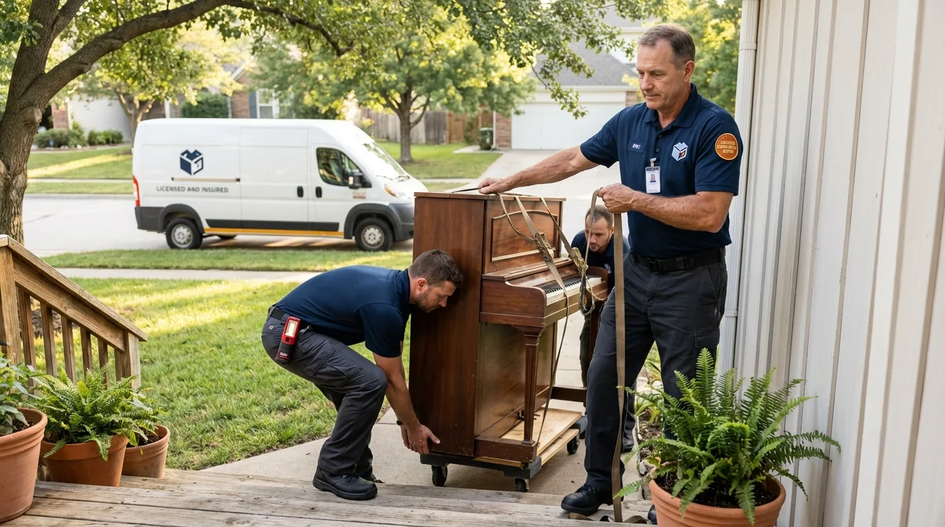 Licensed piano movers securing grand piano in Sussex, NJ