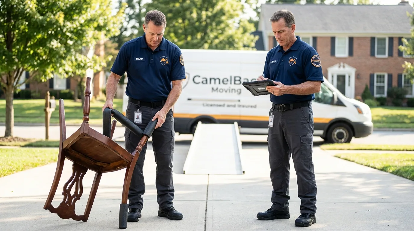 Movers inspecting furniture for damage prevention before loading in Sussex, NJ