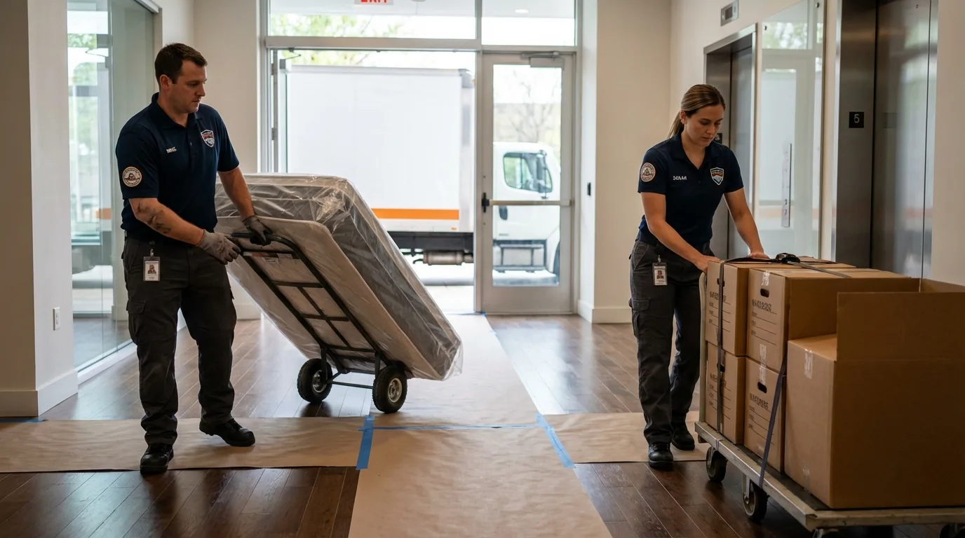 Professional apartment movers loading elevator in Sussex, NJ