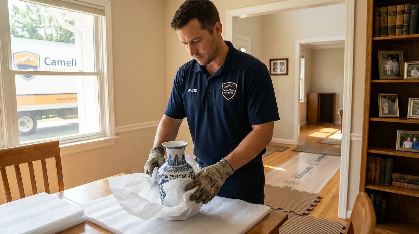 Professional crew carefully wrapping antique vase for senior downsizing move in Sussex, NJ